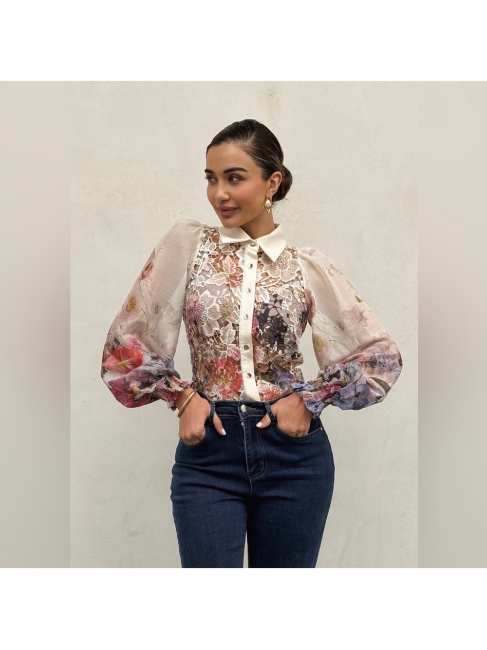 Floral Lace Button-Down Blouse with Puff Sleeves - Cream/Multi
